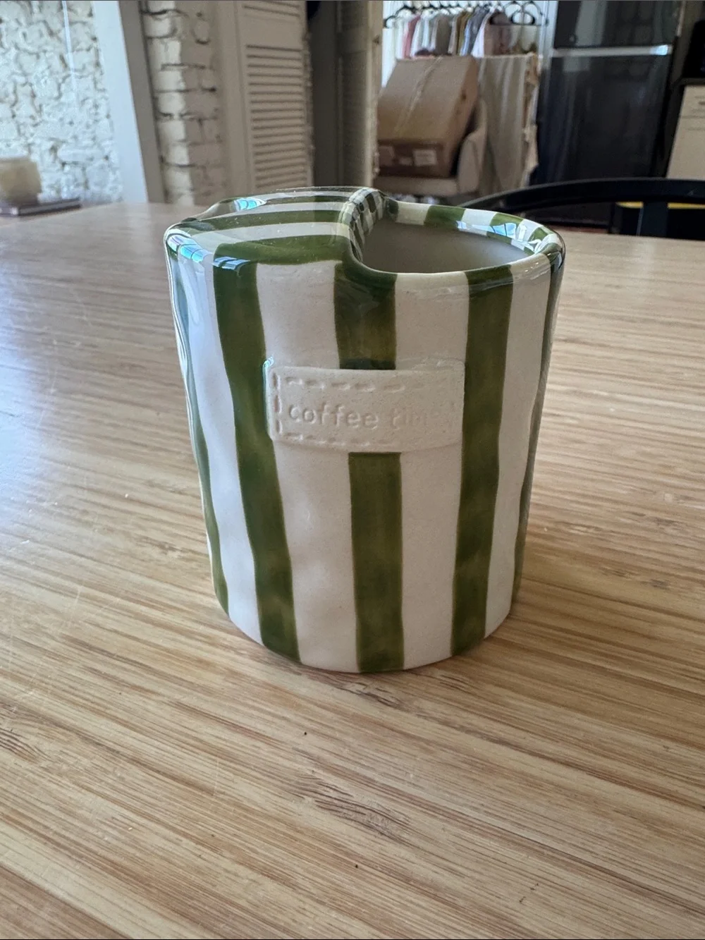 Striped Ceramic Coffee Cup - Green and White